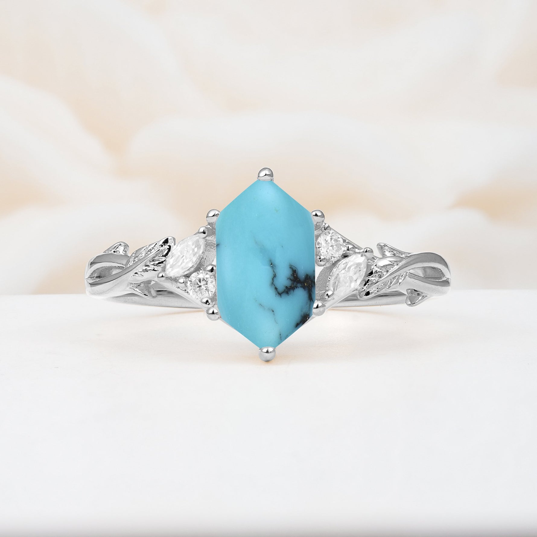 Elongated Hexagon Cut Turquoise Floral Bridal Ring Set - Additional view