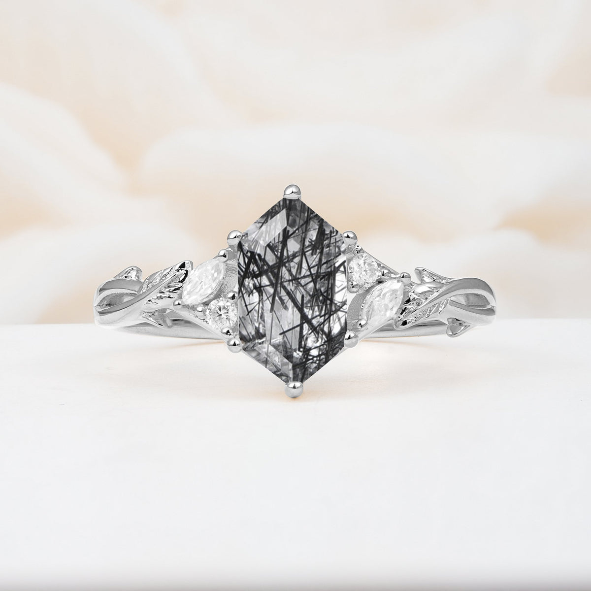 Elongated Hexagon Cut Black Rutilated Quartz Floral Bridal Ring Set - Additional view