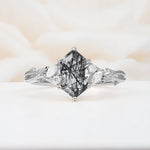 Elongated Hexagon Cut Black Rutilated Quartz Floral Bridal Ring Set - Additional view