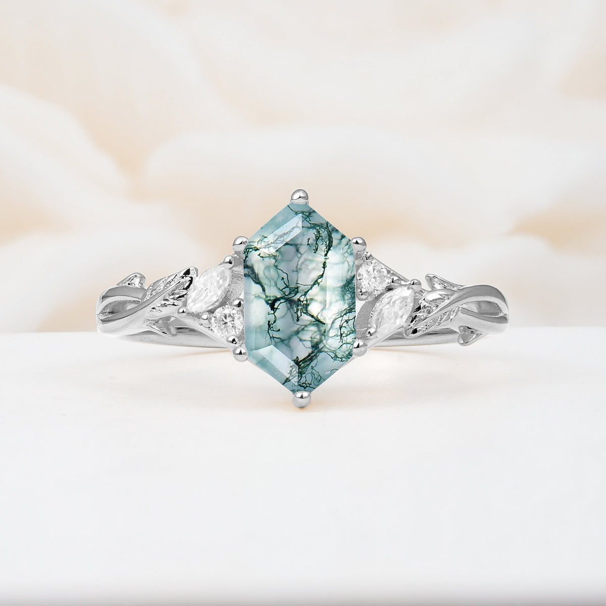 Elongated Hexagon Cut Moss Agate Floral Bridal Ring Set - Additional view