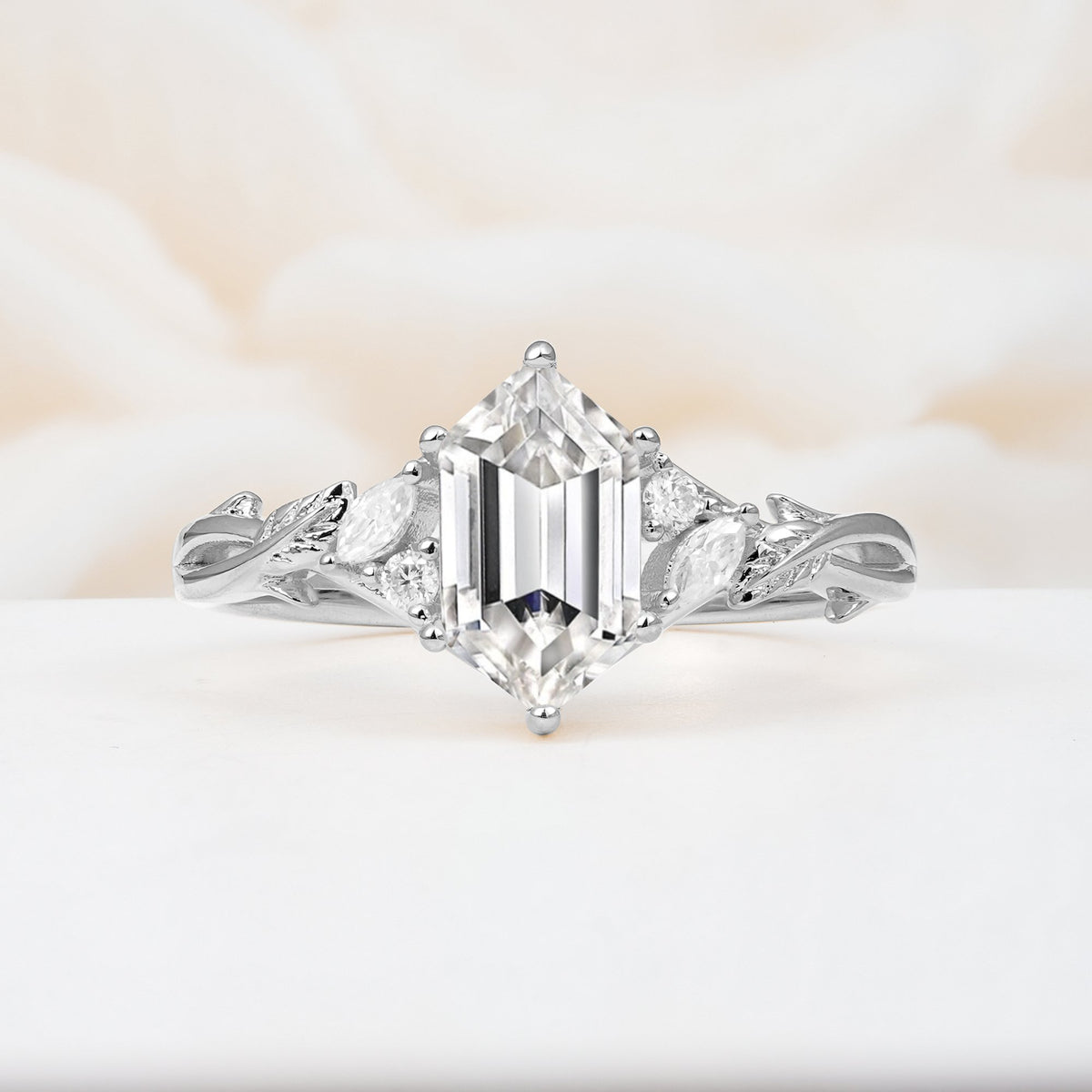 Elongated Hexagon Cut Lab Diamond Floral Bridal Ring Set - Additional view