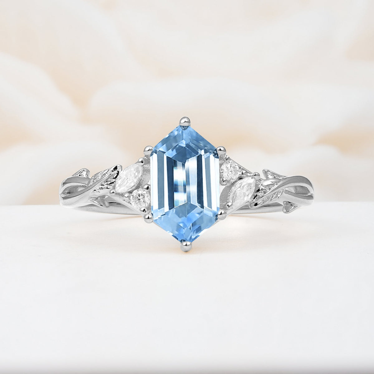 Elongated Hexagon Cut Aquamarine Floral Bridal Ring Set - Additional view