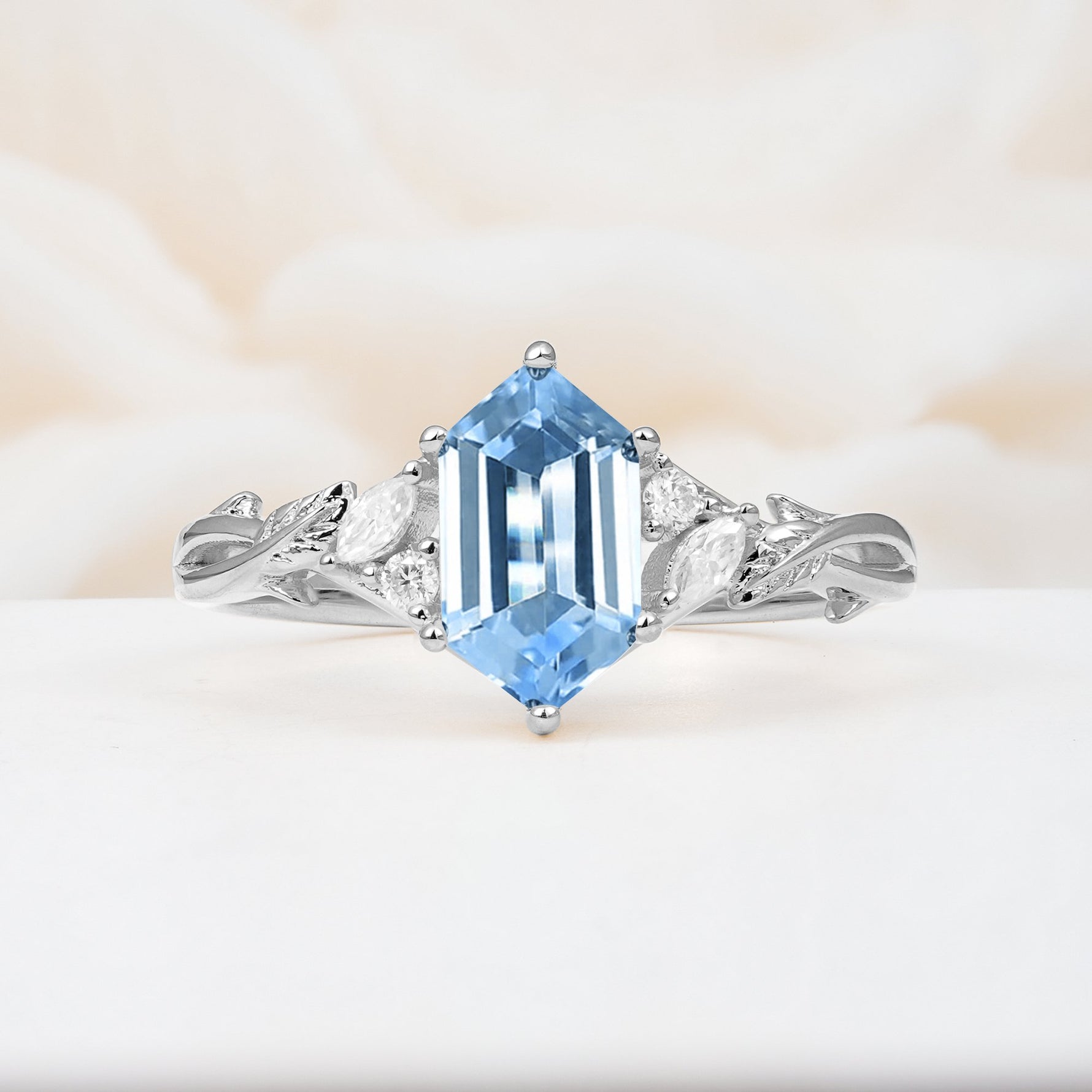 Elongated Hexagon Cut Aquamarine Floral Bridal Ring Set - Additional view