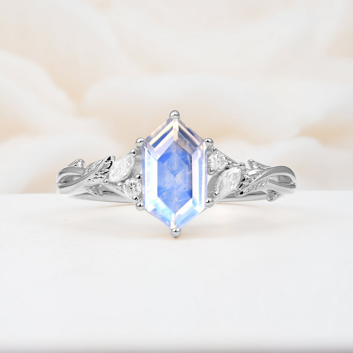 Elongated Hexagon Cut Moonstone Floral Bridal Ring Set - Additional view