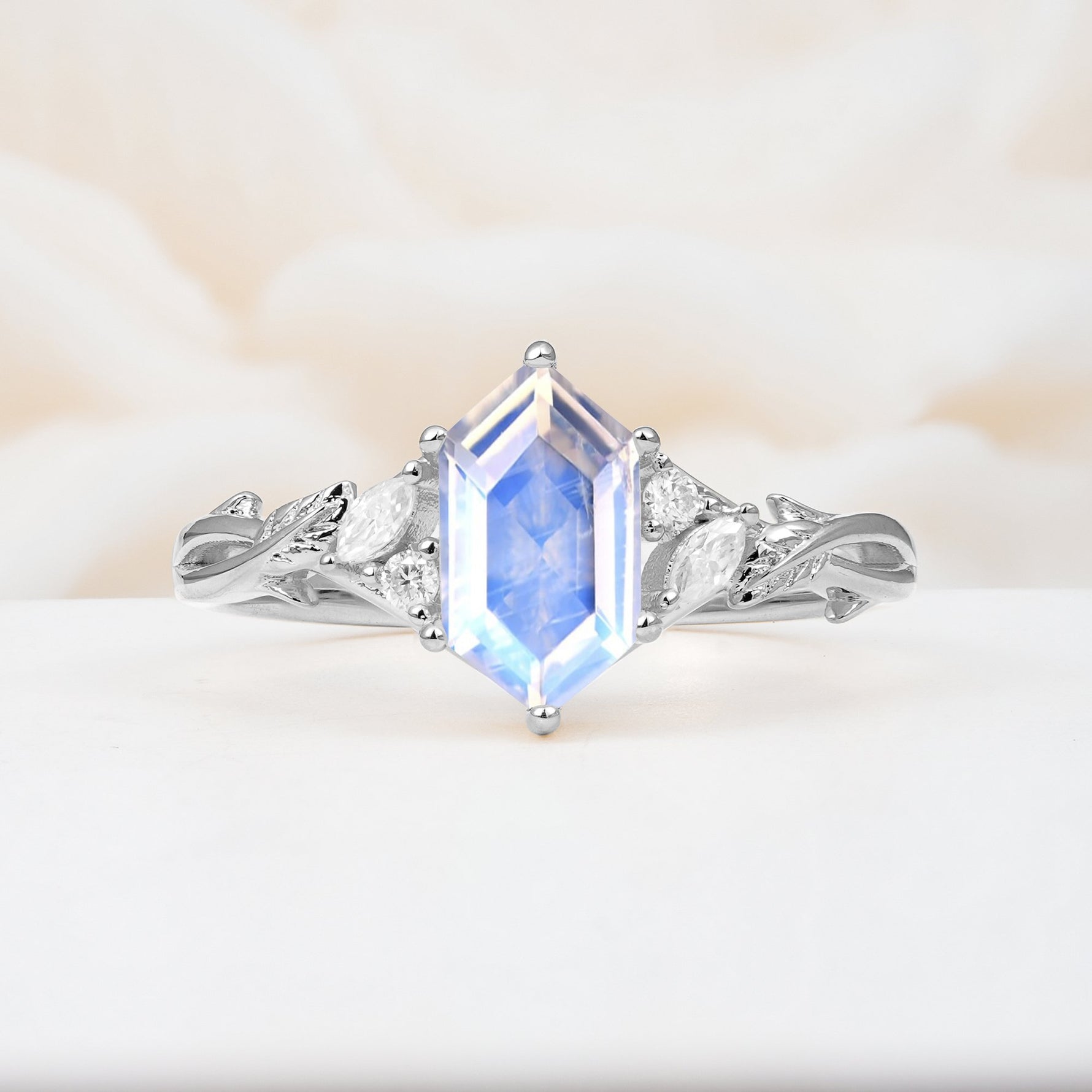 Elongated Hexagon Cut Moonstone Floral Bridal Ring Set - Additional view