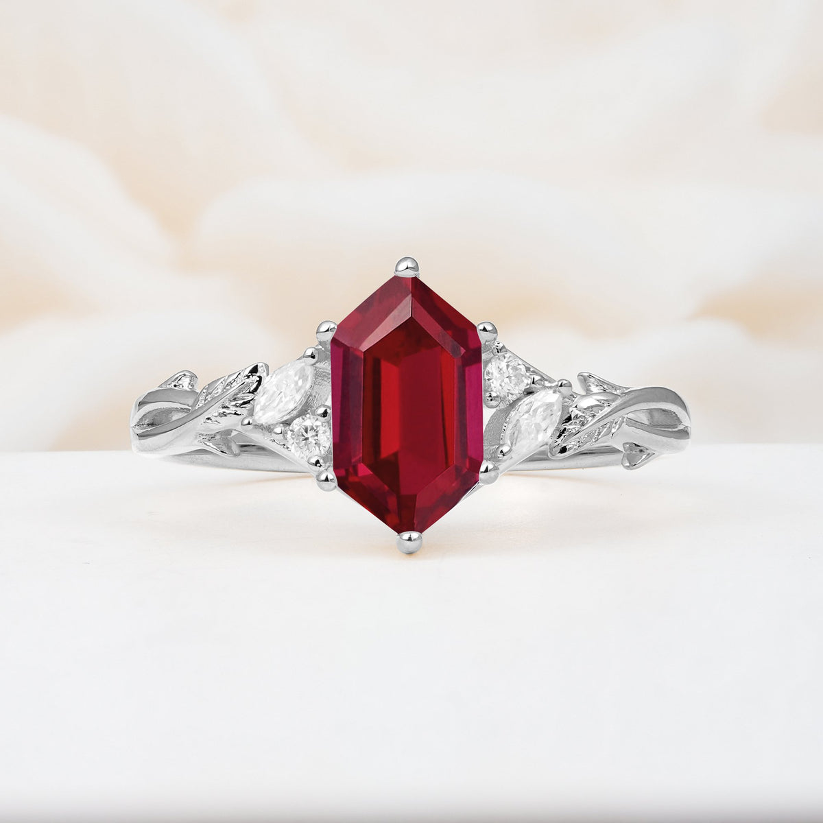 Elongated Hexagon Cut Ruby Floral Bridal Ring Set - Additional view