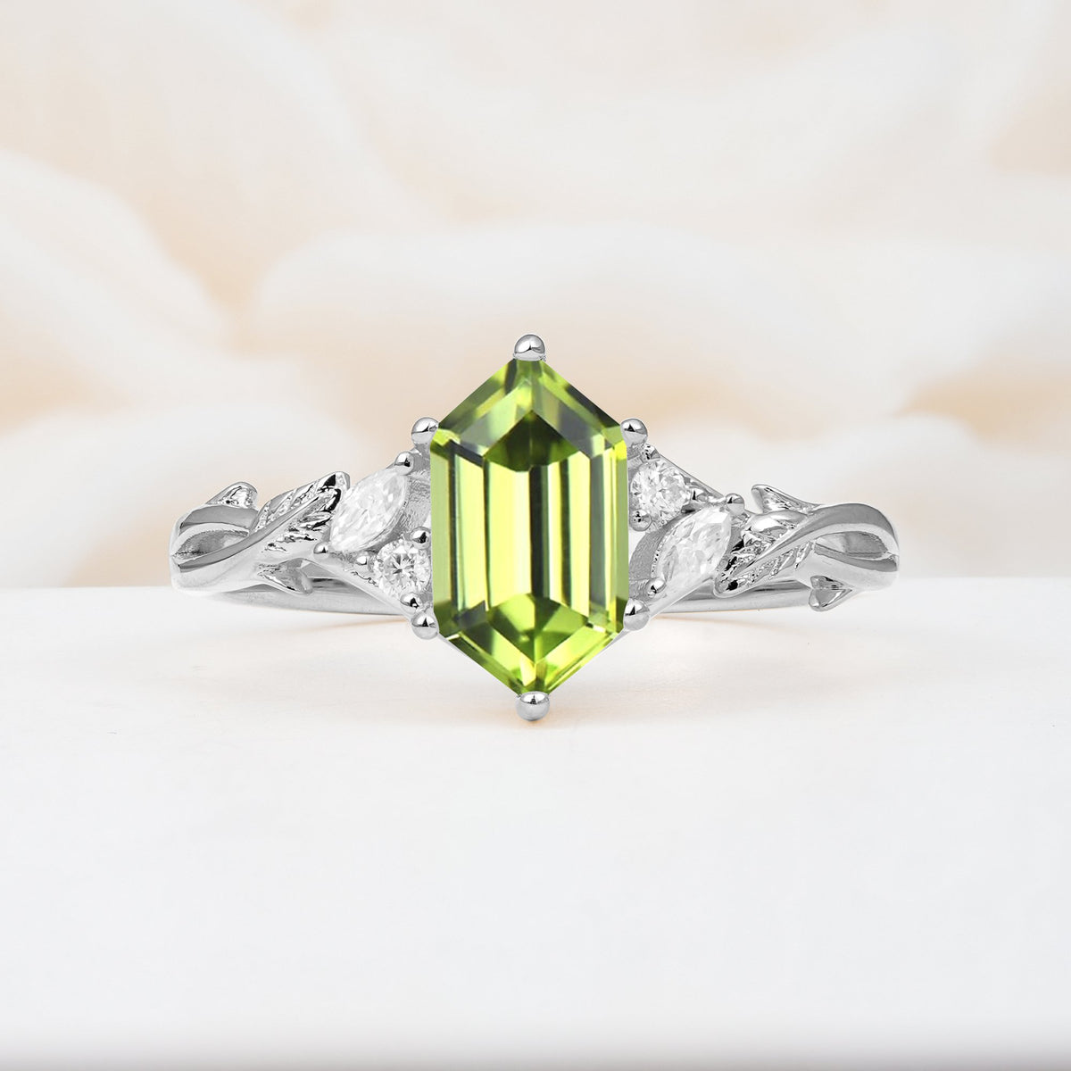 Elongated Hexagon Cut Peridot Floral Bridal Ring Set - Additional view