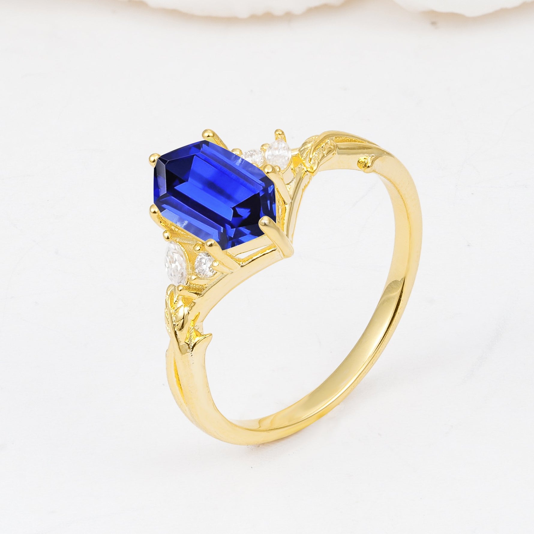 Elongated Hexagon Cut Sapphire Floral Bridal Ring Set - Additional view