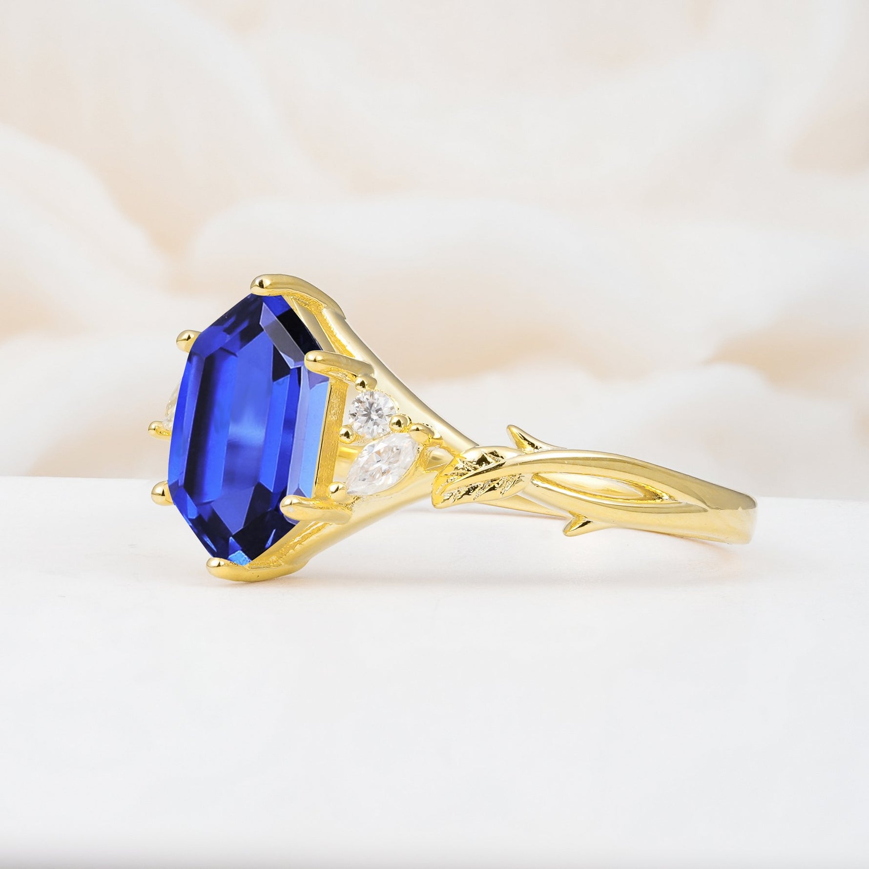 Elongated Hexagon Cut Sapphire Floral Bridal Ring Set - Additional view