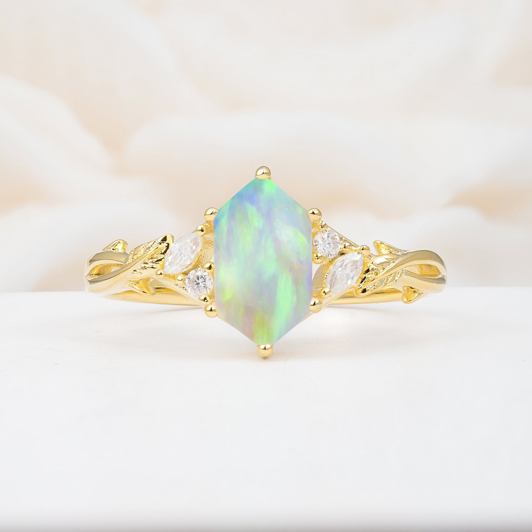 Elongated Hexagon Cut Fire Opal Floral Bridal Ring Set - Additional view