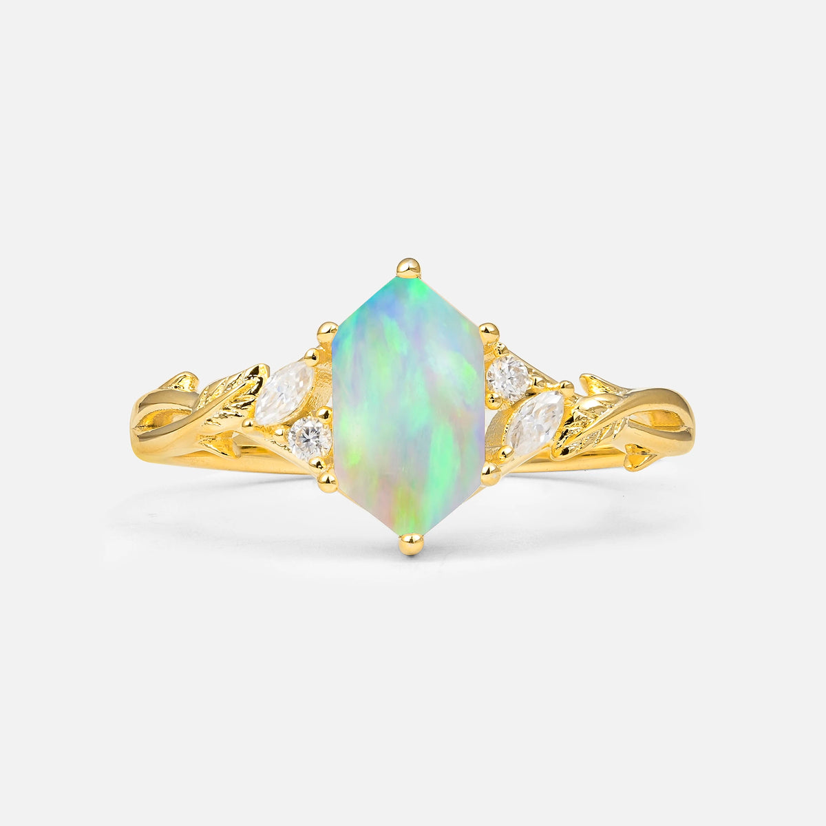 Elongated Hexagon Cut Fire Opal Floral Engagement Ring