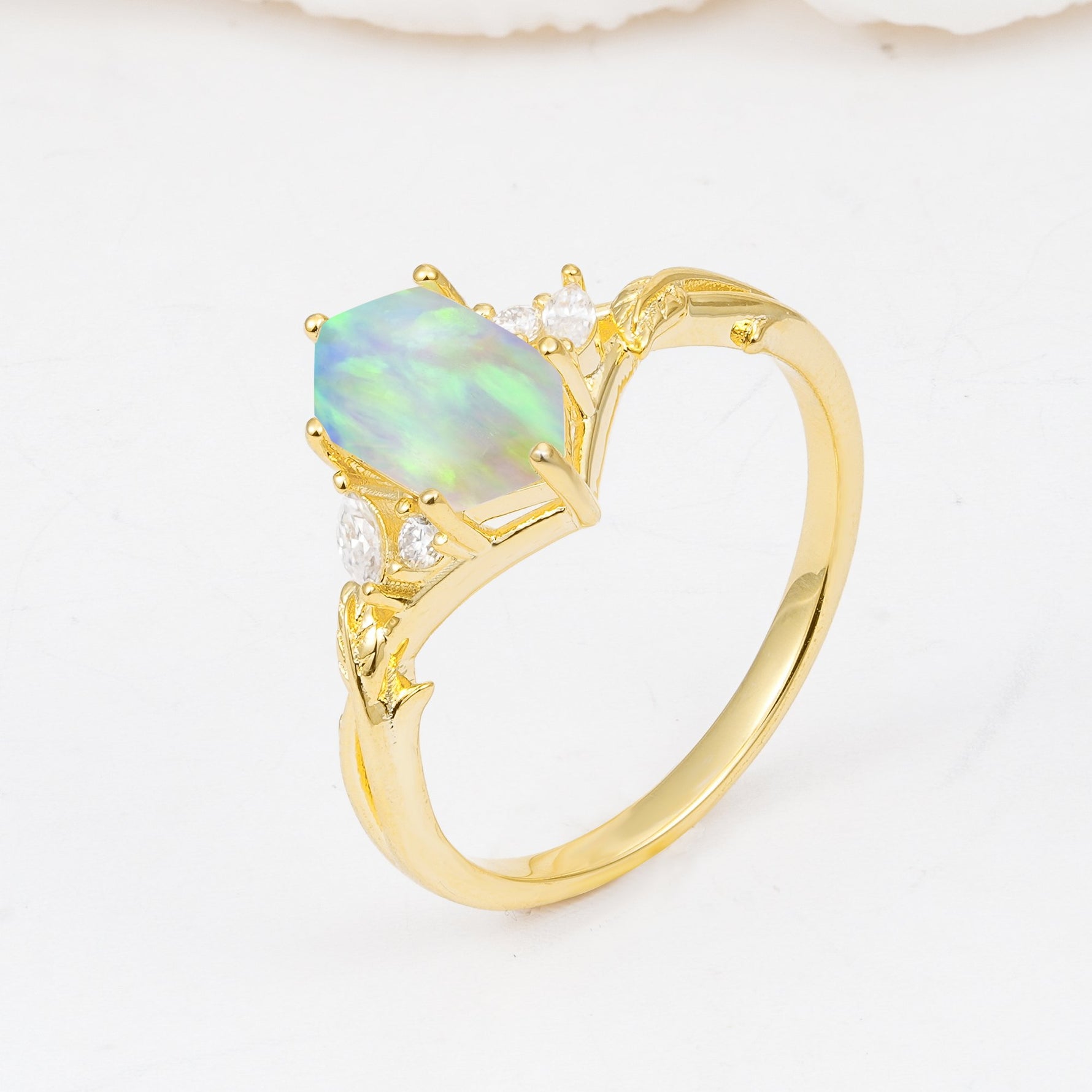 Elongated Hexagon Cut Fire Opal Floral Bridal Ring Set - Additional view