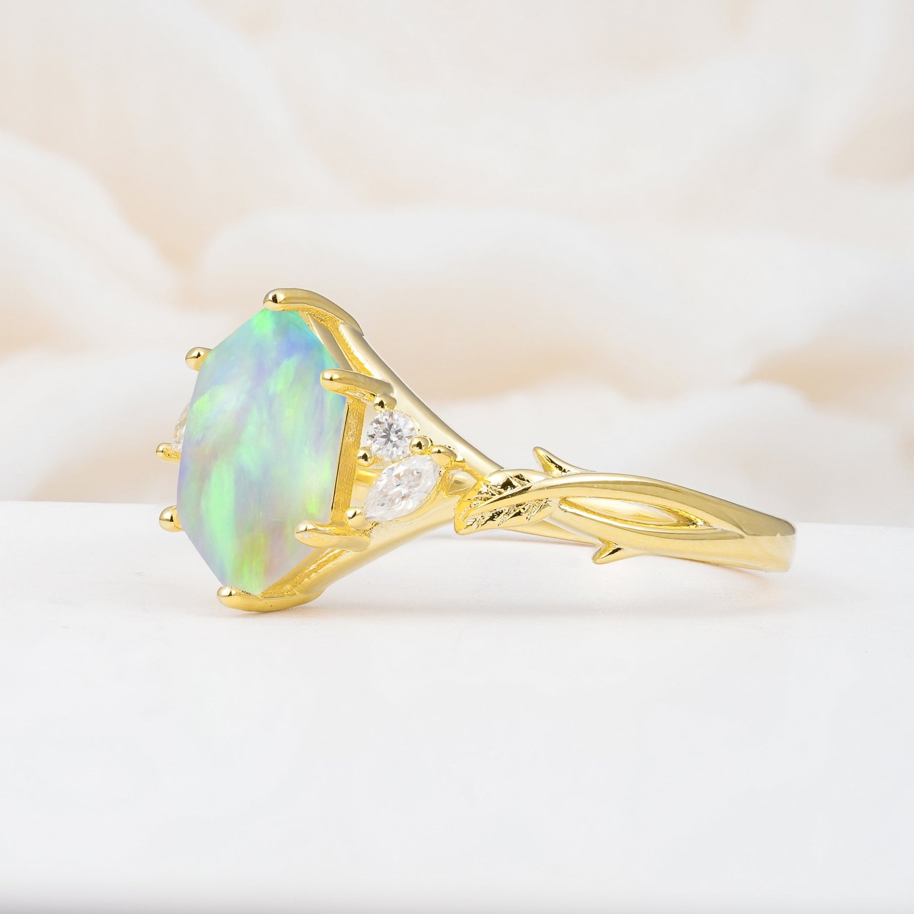 Elongated Hexagon Cut Fire Opal Floral Bridal Ring Set - Additional view