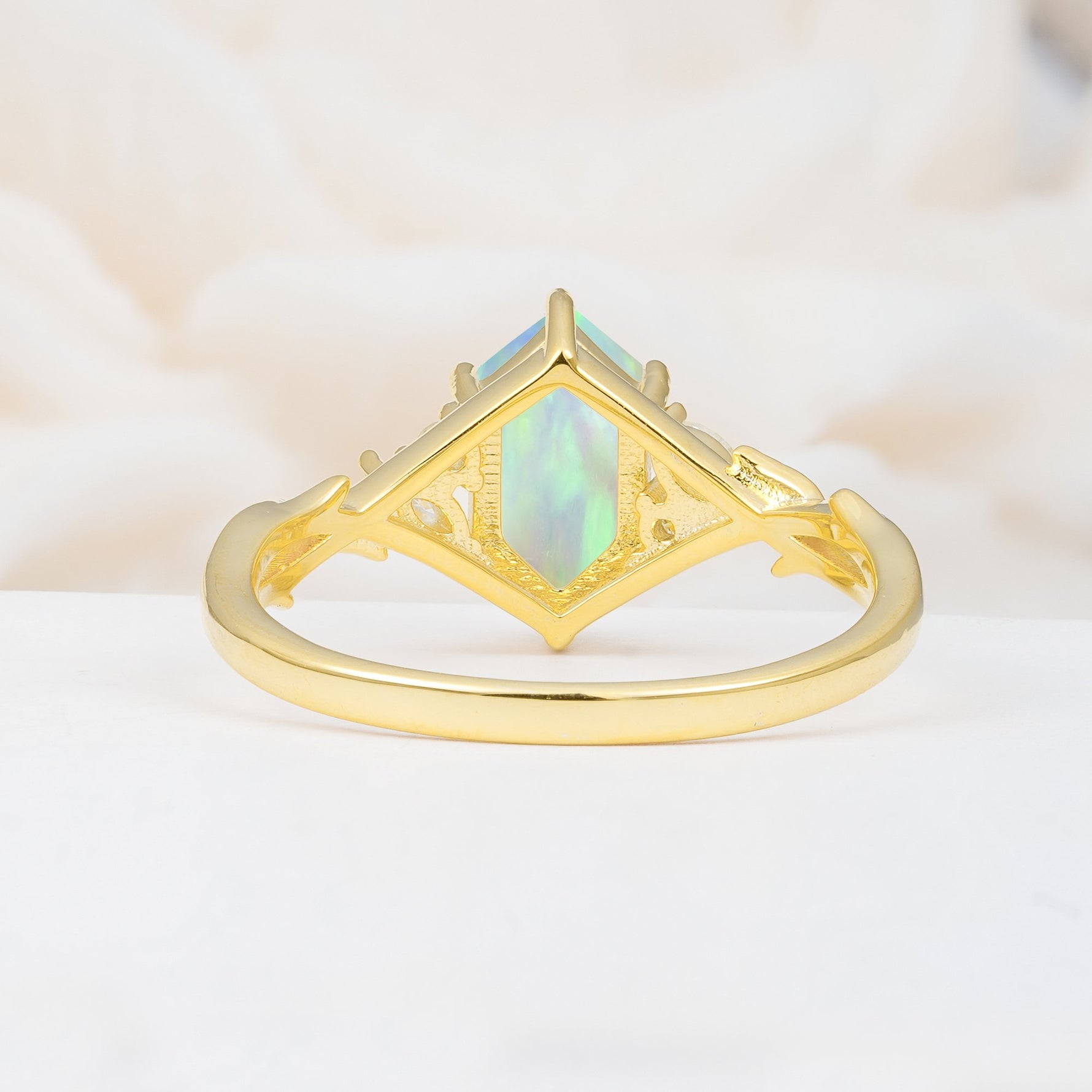 Elongated Hexagon Cut Fire Opal Floral Bridal Ring Set - Additional view