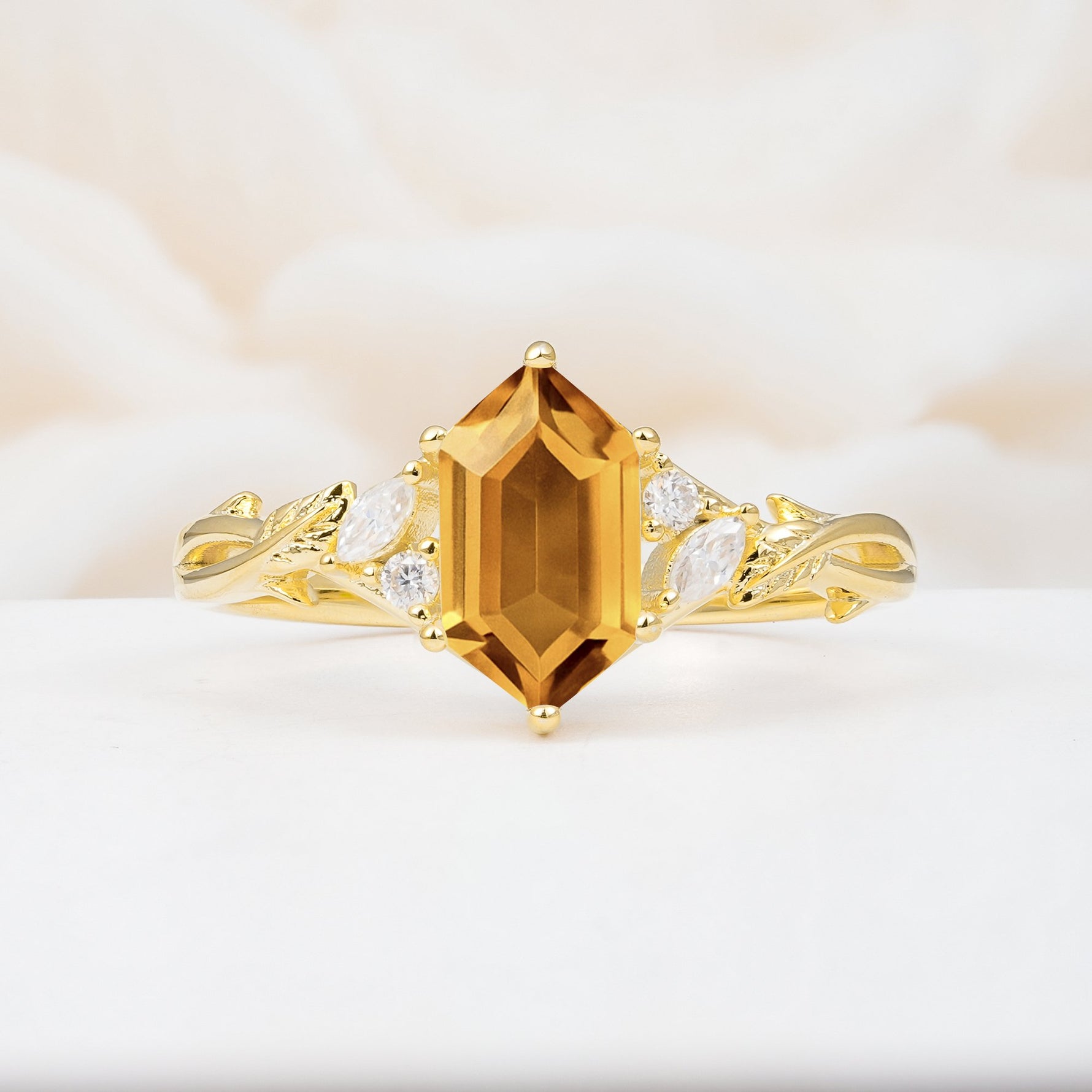 Elongated Hexagon Cut Citrine Floral Bridal Ring Set - Additional view