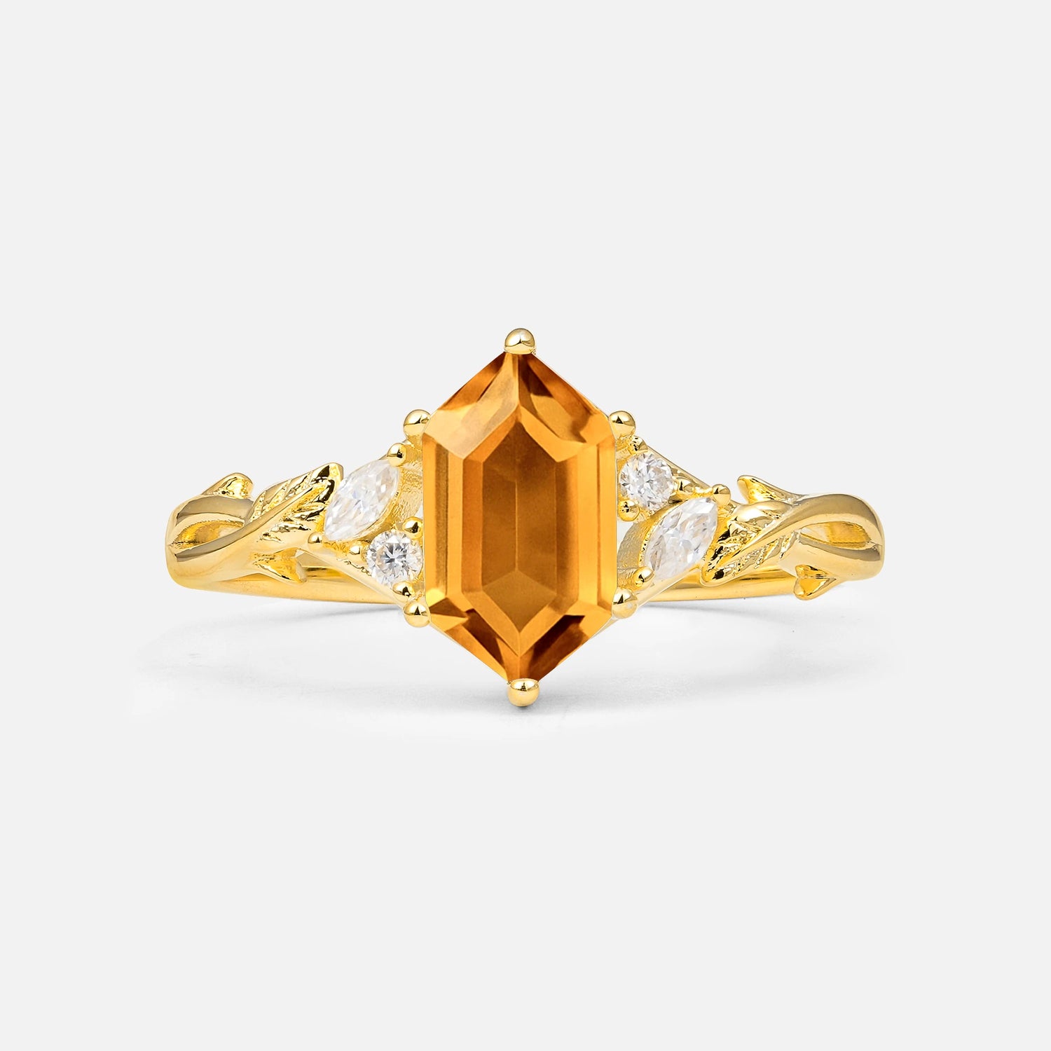 Elongated Hexagon Cut Citrine Floral Engagement Ring