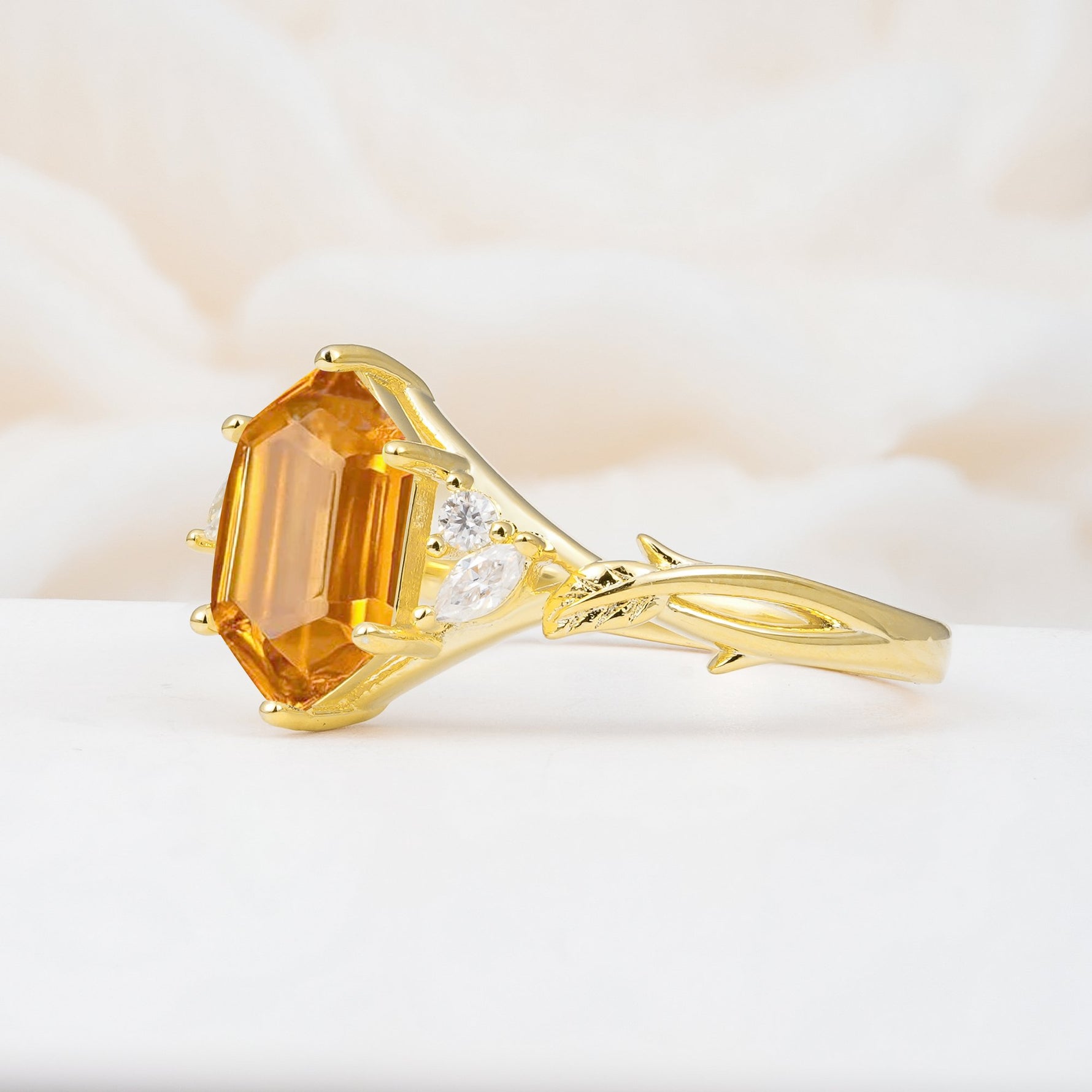 Elongated Hexagon Cut Citrine Floral Bridal Ring Set - Additional view