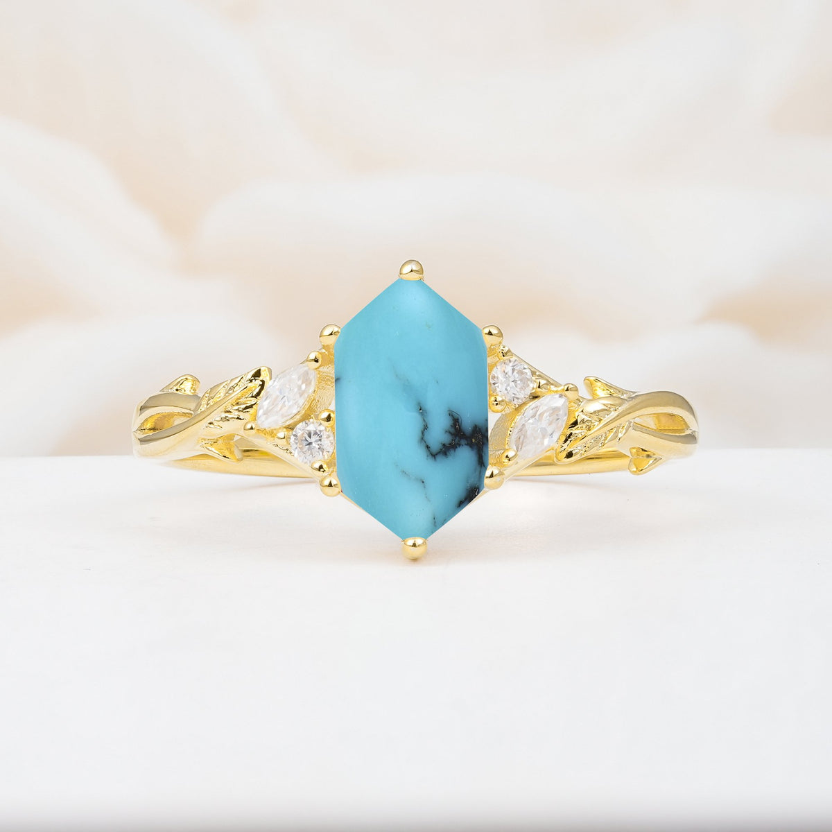 Elongated Hexagon Cut Turquoise Floral Bridal Ring Set - Additional view