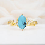Elongated Hexagon Cut Turquoise Floral Bridal Ring Set - Additional view