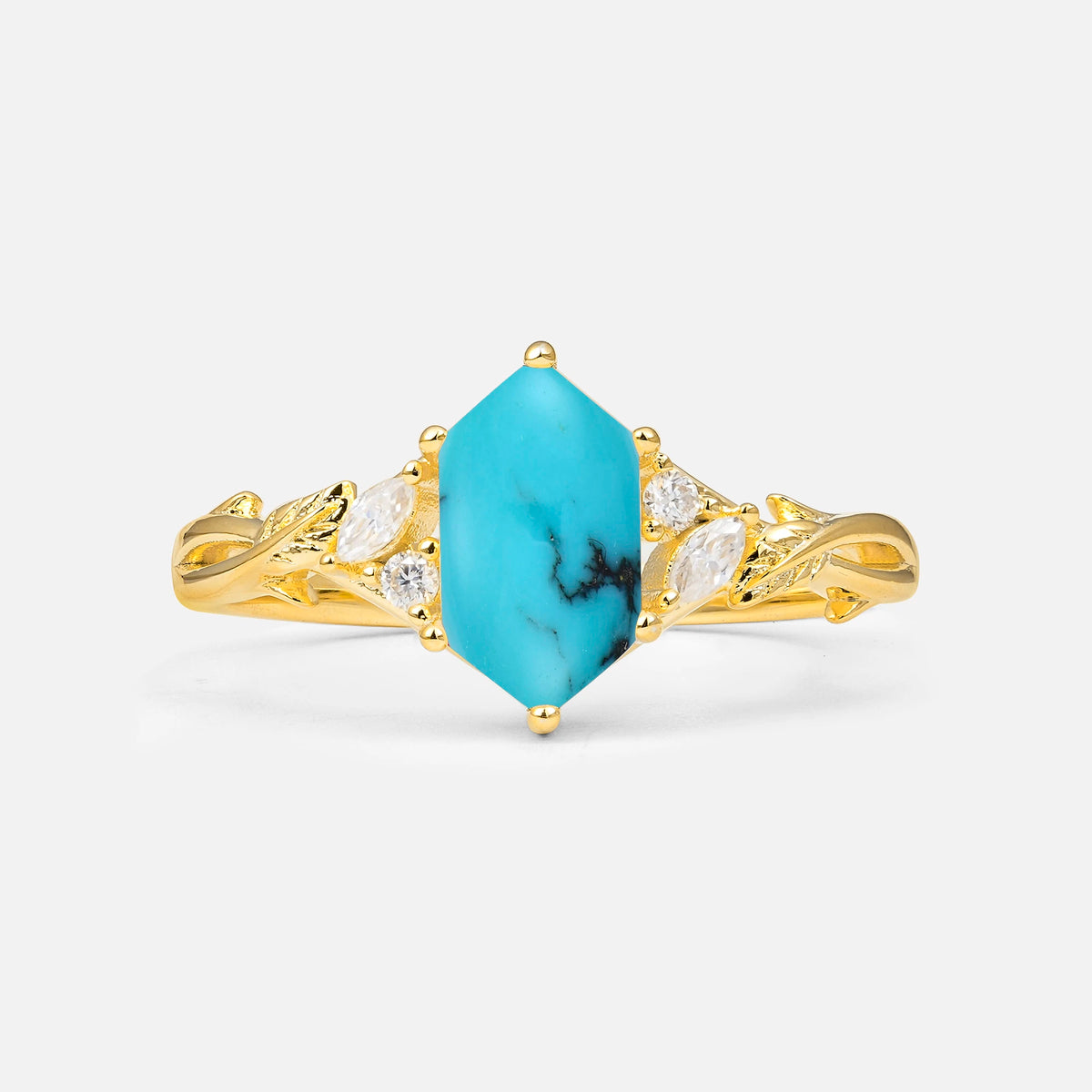Elongated Hexagon Cut Turquoise Floral Engagement Ring