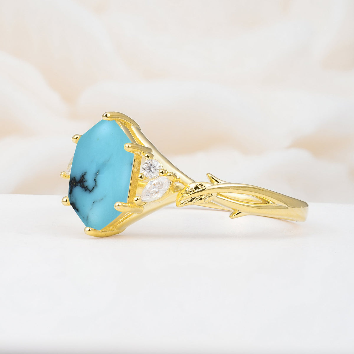 Elongated Hexagon Cut Turquoise Floral Bridal Ring Set - Additional view
