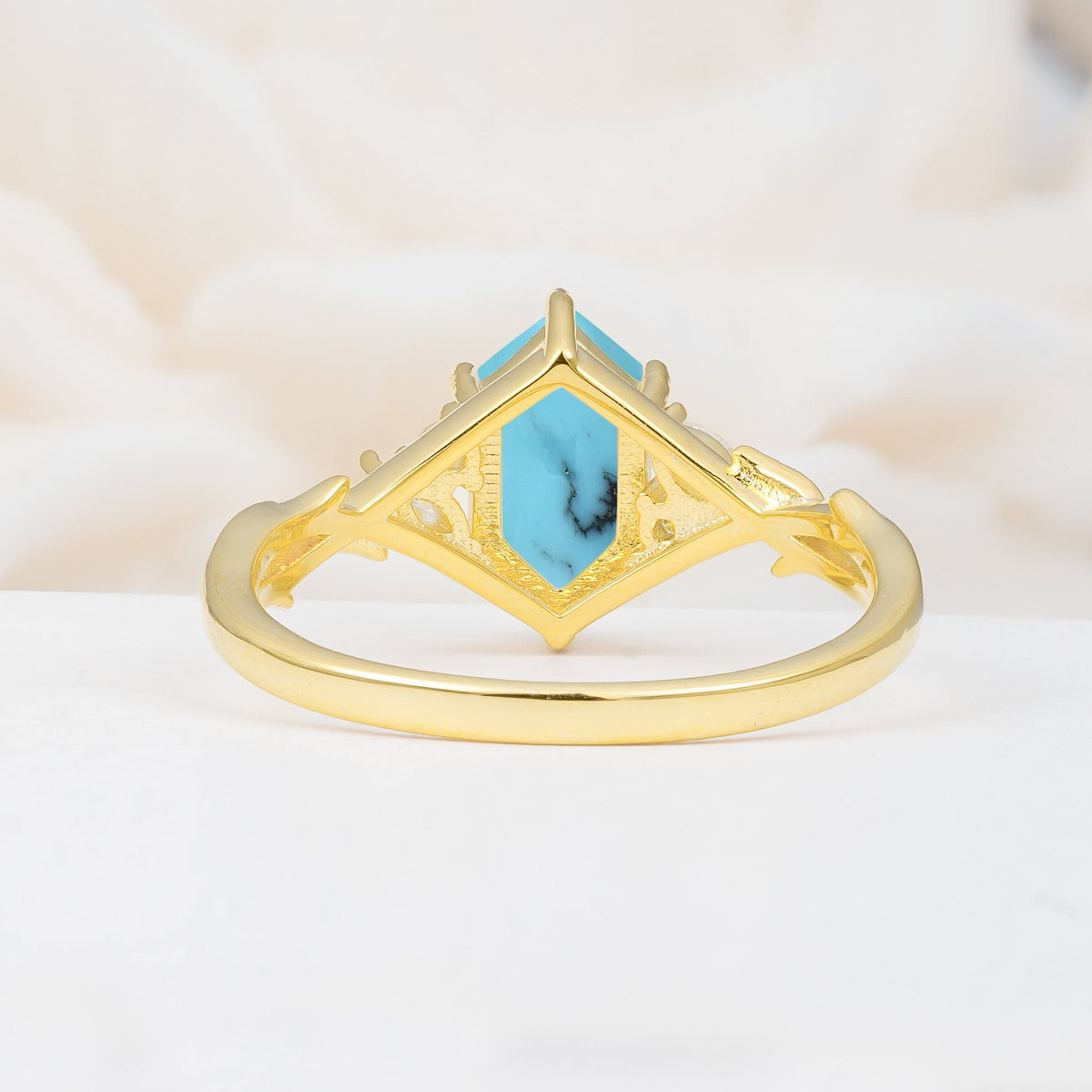 Elongated Hexagon Cut Turquoise Floral Bridal Ring Set - Additional view