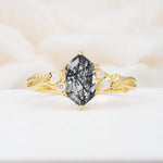 Elongated Hexagon Cut Black Rutilated Quartz Floral Bridal Ring Set - Additional view