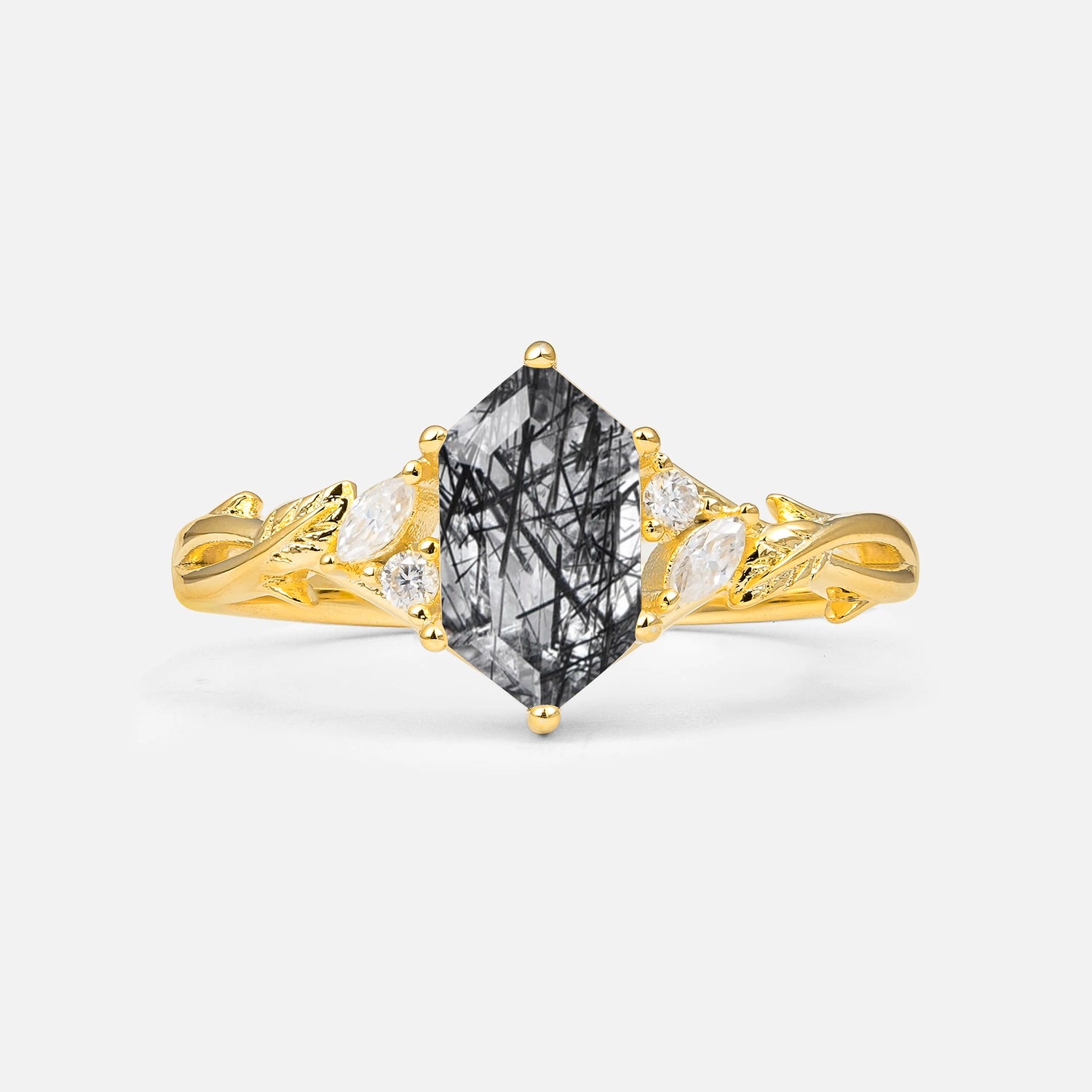 Elongated Hexagon Cut Black Rutilated Quartz Floral Engagement Ring