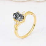 Elongated Hexagon Cut Black Rutilated Quartz Floral Bridal Ring Set - Additional view