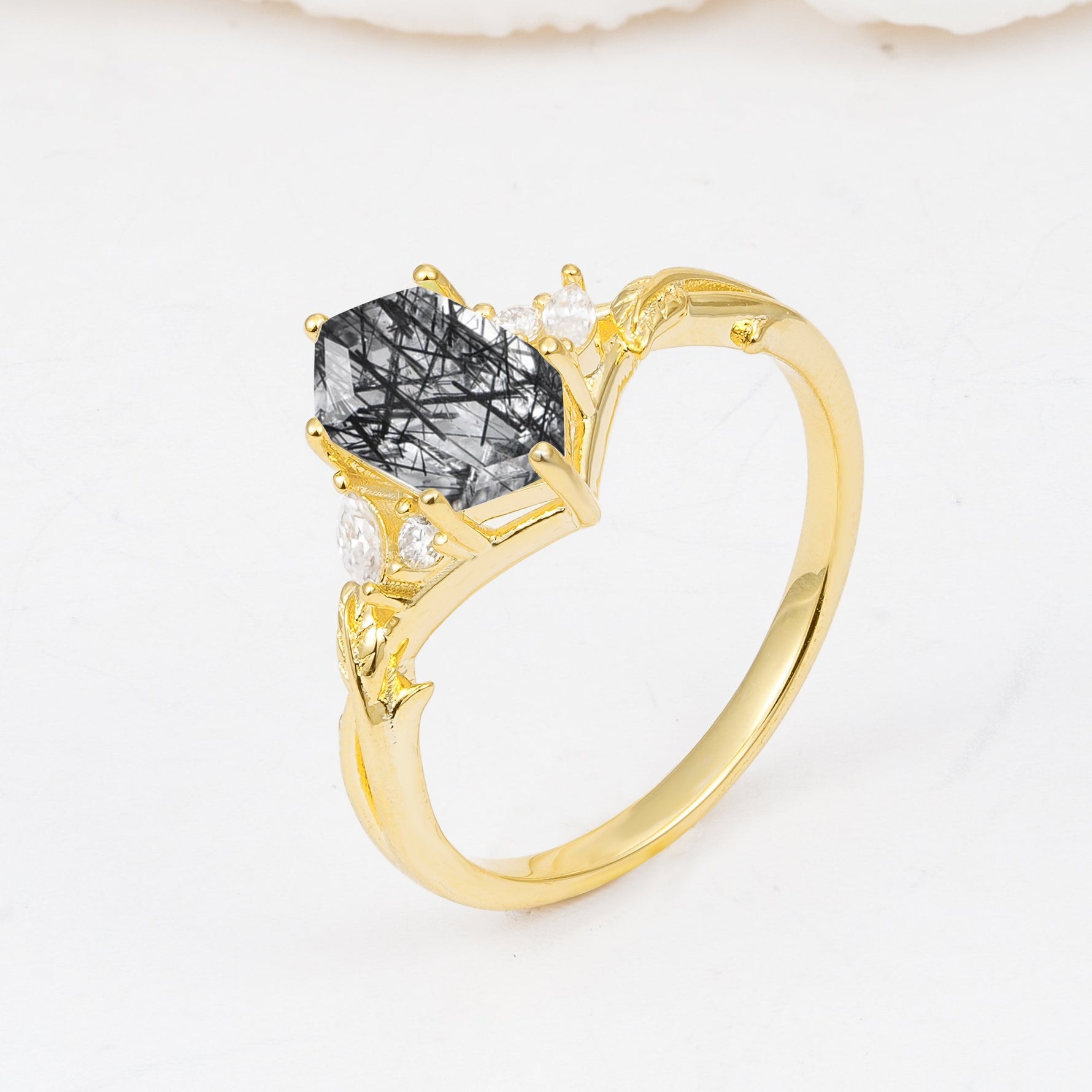 Elongated Hexagon Cut Black Rutilated Quartz Floral Bridal Ring Set - Additional view