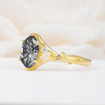 Elongated Hexagon Cut Black Rutilated Quartz Floral Bridal Ring Set - Additional view