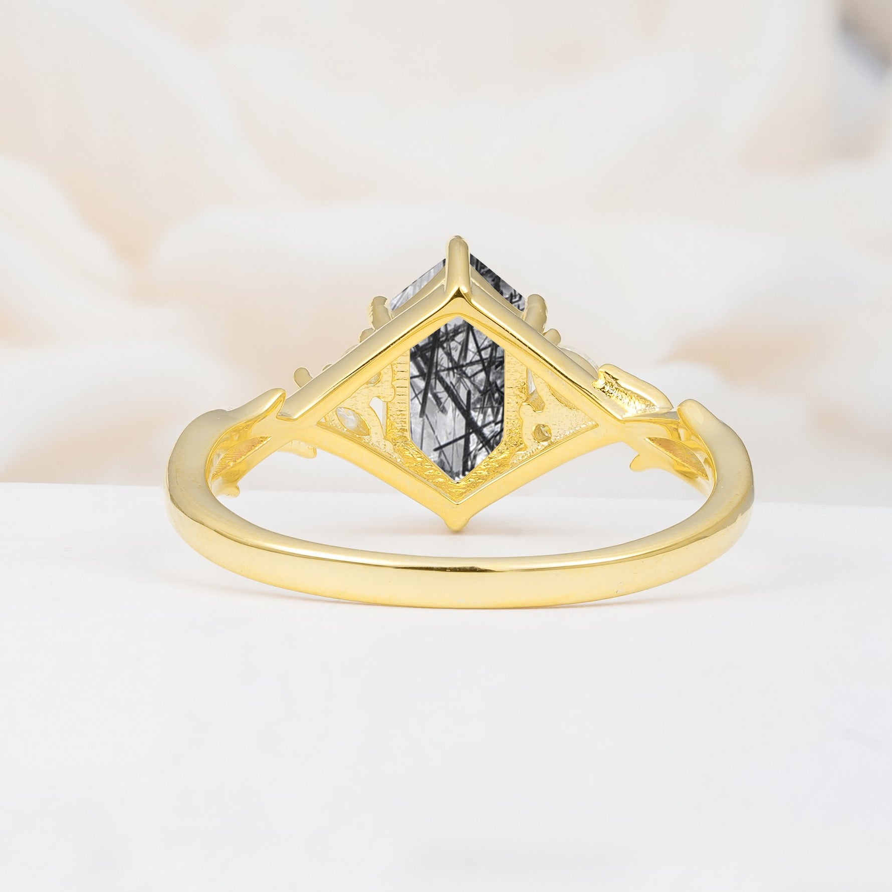 Elongated Hexagon Cut Black Rutilated Quartz Floral Bridal Ring Set - Additional view