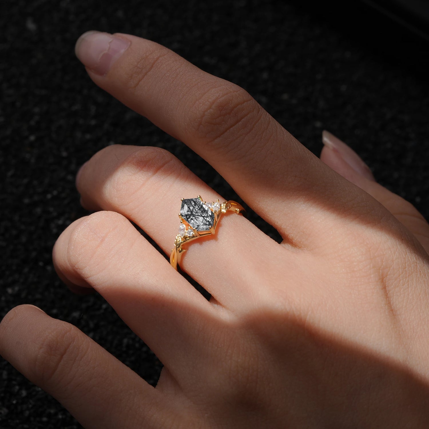 Elongated Hexagon Cut Black Rutilated Quartz Floral Engagement Ring