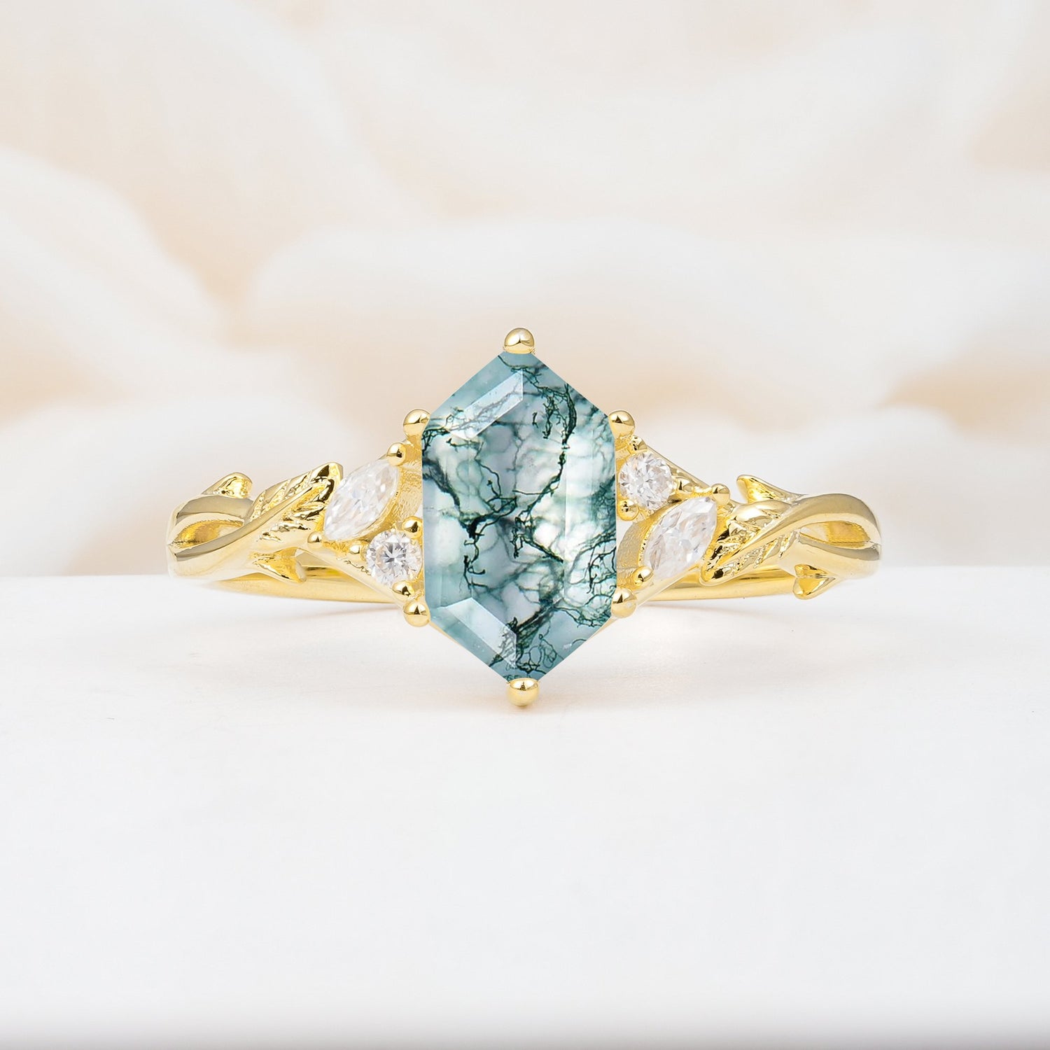 Elongated Hexagon Cut Moss Agate Floral Bridal Ring Set - Additional view