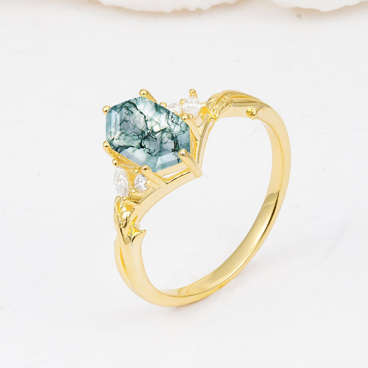Elongated Hexagon Cut Moss Agate Floral Bridal Ring Set - Additional view