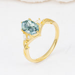 Elongated Hexagon Cut Moss Agate Floral Bridal Ring Set - Additional view