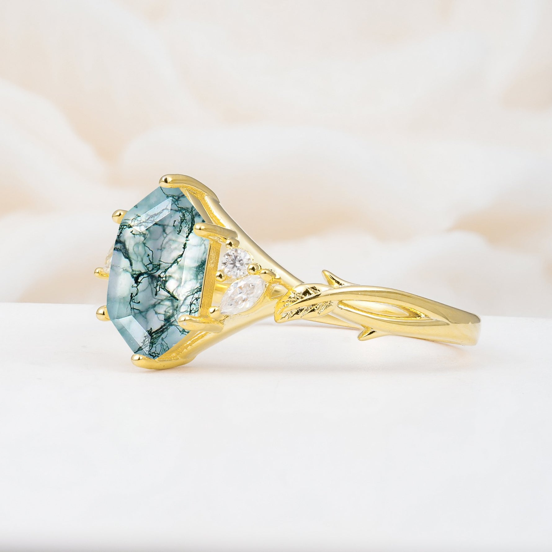 Elongated Hexagon Cut Moss Agate Floral Bridal Ring Set - Additional view
