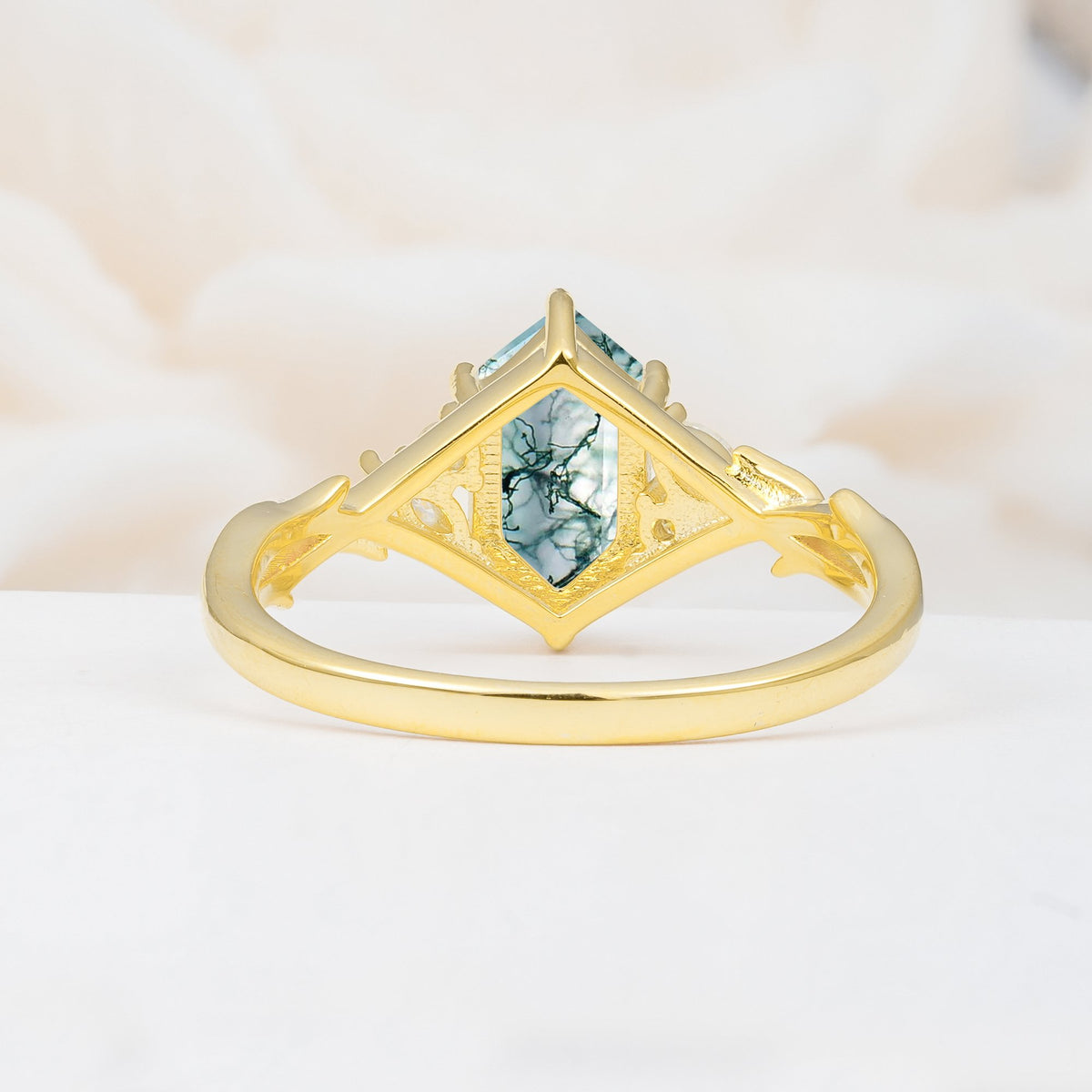 Elongated Hexagon Cut Moss Agate Floral Bridal Ring Set - Additional view