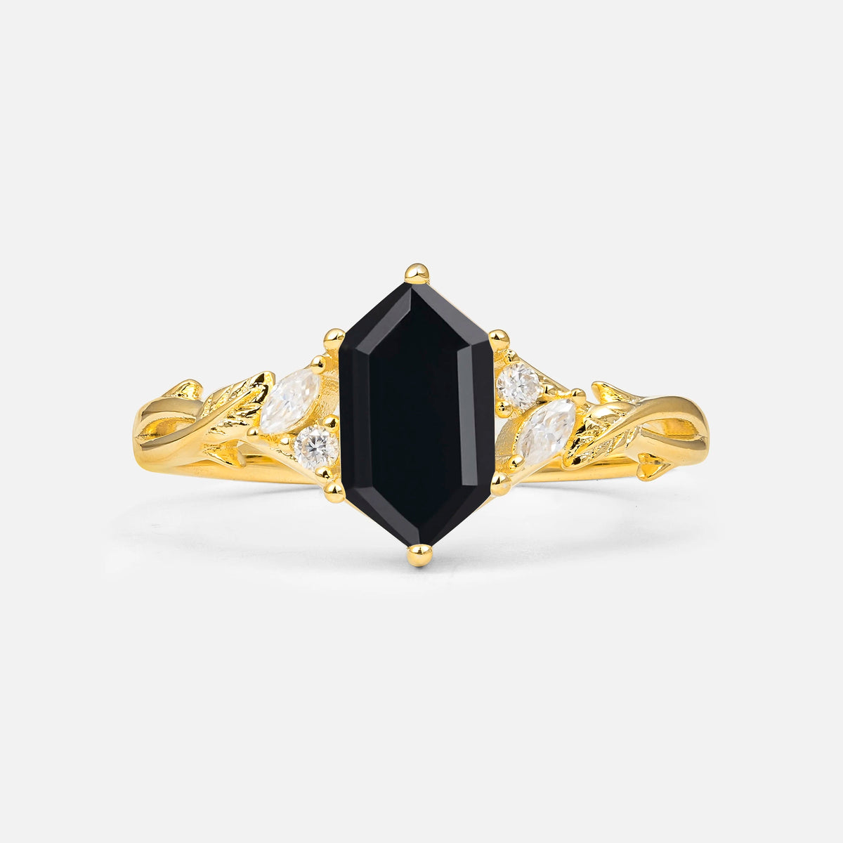 Elongated Hexagon Cut Black Onyx Floral Engagement Ring