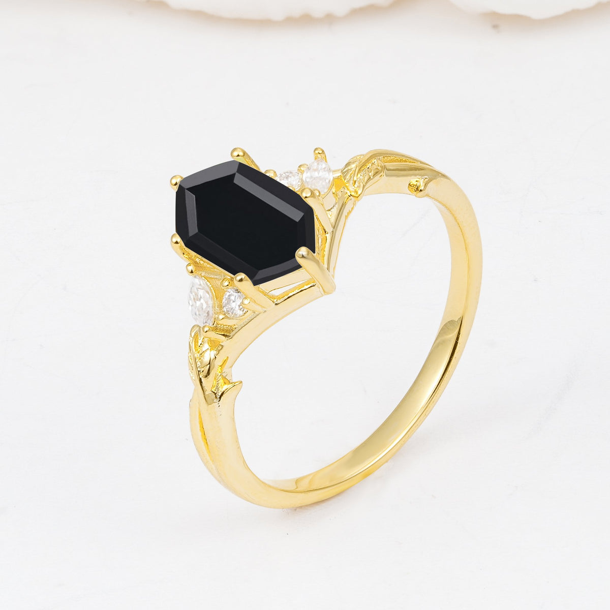 Elongated Hexagon Cut Black Onyx Floral Bridal Ring Set - Additional view