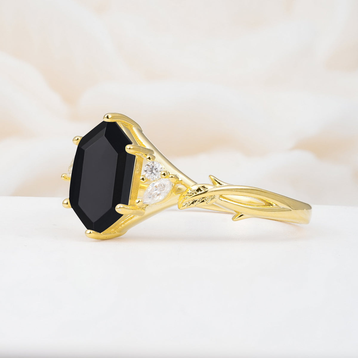 Elongated Hexagon Cut Black Onyx Floral Bridal Ring Set - Additional view