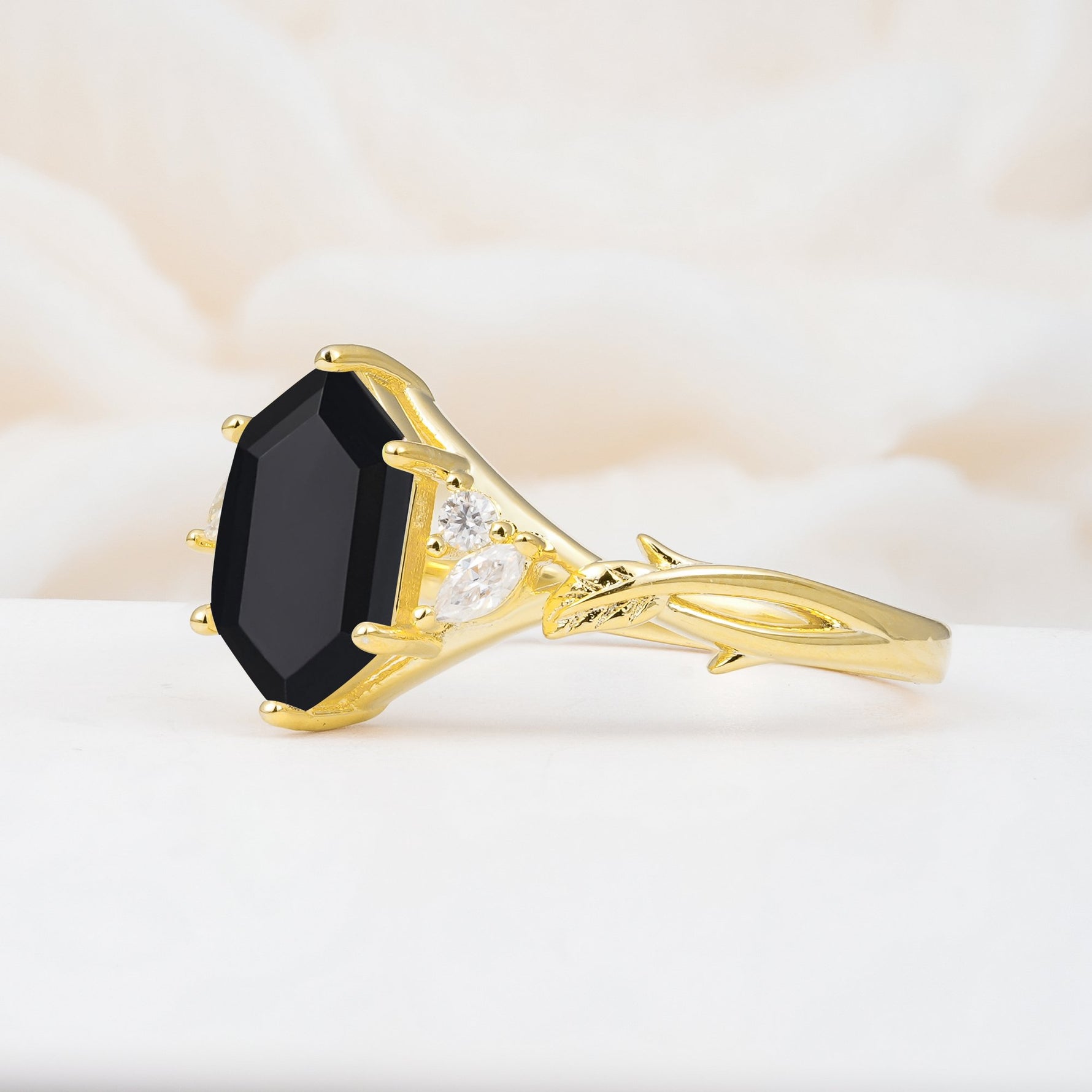 Elongated Hexagon Cut Black Onyx Floral Bridal Ring Set - Additional view
