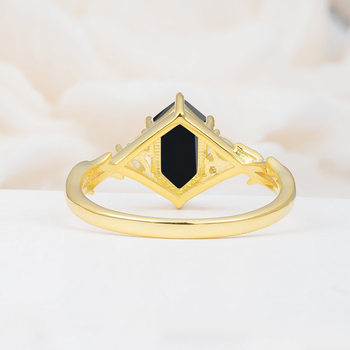 Elongated Hexagon Cut Black Onyx Floral Bridal Ring Set - Additional view