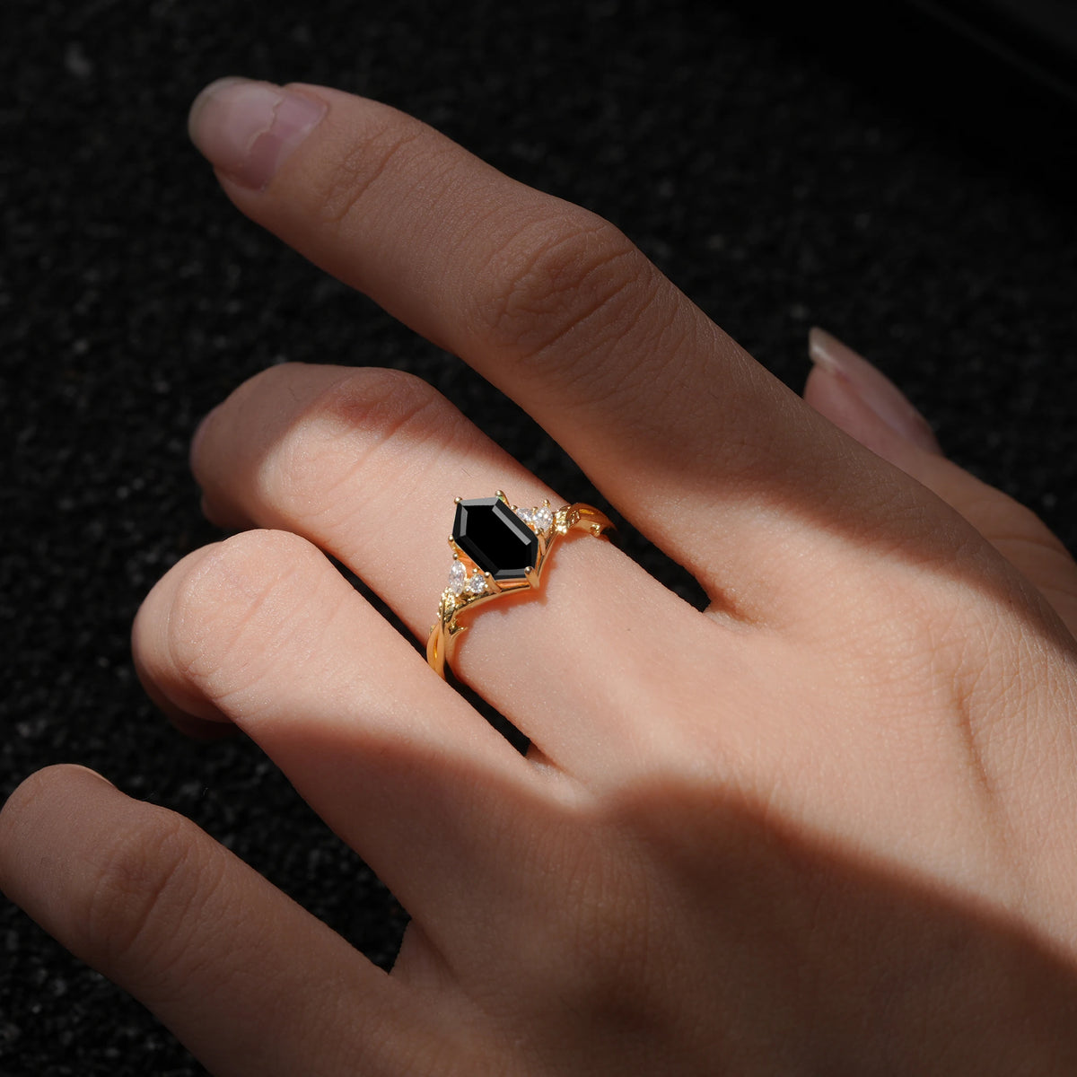 Elongated Hexagon Cut Black Onyx Floral Engagement Ring