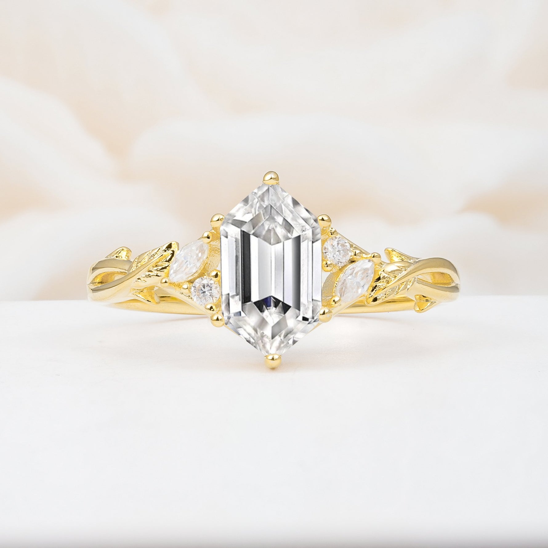 Elongated Hexagon Cut Lab Diamond Floral Bridal Ring Set - Additional view