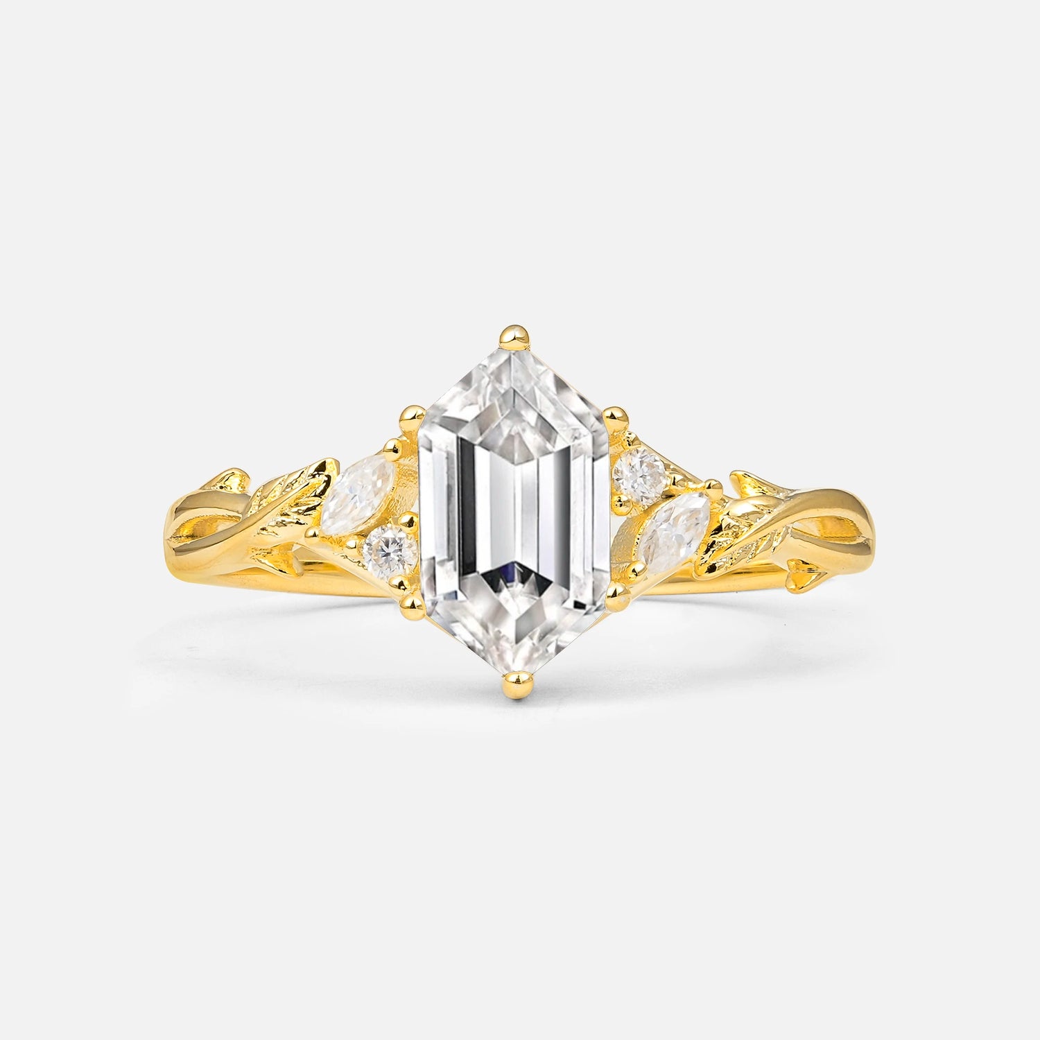 Elongated Hexagon Cut Lab-Grown Diamond Floral Engagement Ring