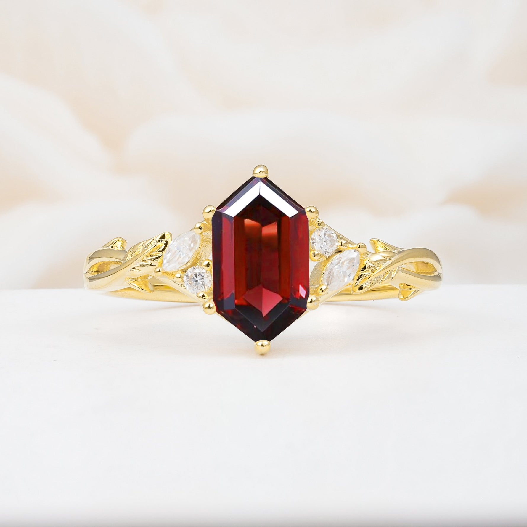 Elongated Hexagon Cut Garnet Floral Bridal Ring Set - Additional view
