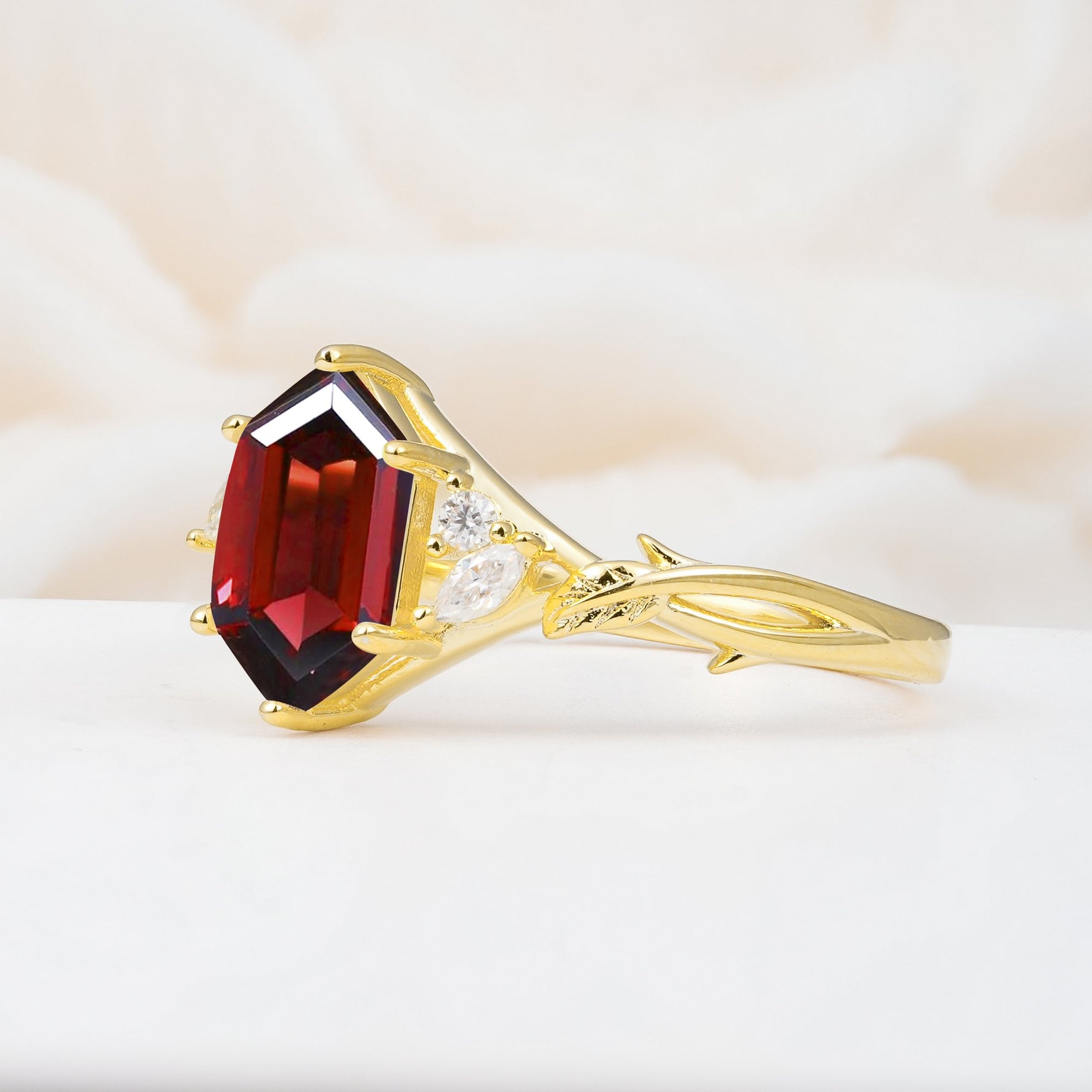 Elongated Hexagon Cut Garnet Floral Bridal Ring Set - Additional view
