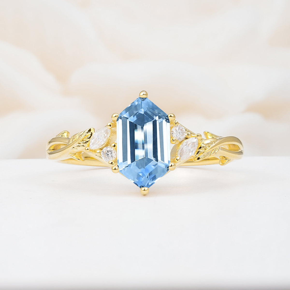 Elongated Hexagon Cut Aquamarine Floral Bridal Ring Set - Additional view