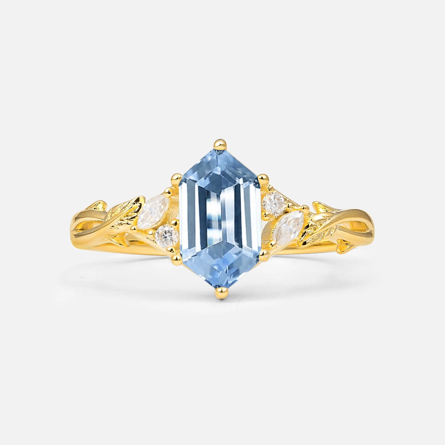 Elongated Hexagon Cut Aquamarine Floral Engagement Ring